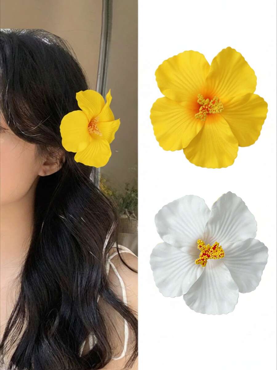2 Pcs Hawaiian Hibiscus Flower Hair Clips For Women Girls, Large Multicolor Tropical Artificial Floral Barrettes, Boho Hair Accessories For Summer Beach Vacation, Luau Party, Wedding Favors(Yellow White)