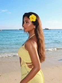 2 Pcs Hawaiian Hibiscus Flower Hair Clips For Women Girls, Large Multicolor Tropical Artificial Floral Barrettes, Boho Hair Accessories For Summer Beach Vacation, Luau Party, Wedding Favors(Yellow White) - Multicolor - View 4