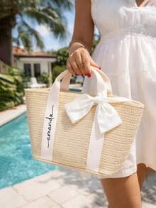 Túi tote đi biển bằng rơm in tên cá nhân dành cho nữ, túi tote cho phù dâu, túi xách đeo vai dung tích lớn, túi đeo vai du lịch mùa hè, quà tặng cho phù dâu. - Nhiều màu - Xem 6