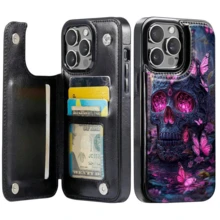 Skull Butterfly/Wallet Card Holder,Credit Card Slots Phone Case For Iphone17/17air 16/15Pro 14/13pro12 11 ProMax Xs 16Plus Case, Cute Phone Case  Galaxy S22/S23+S24 Plus/S25Ultra/ Cover For Women Girls Stylish  Fashionable Coin Pocket Magnetic.A281 - màu đen - Xem 2
