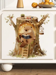 1pc Cozy Tree House Otter Family Reading Wall Sticker, Nature Style Removable Decal For Kids Room Bedroom - Bear Tree Hole - View 3