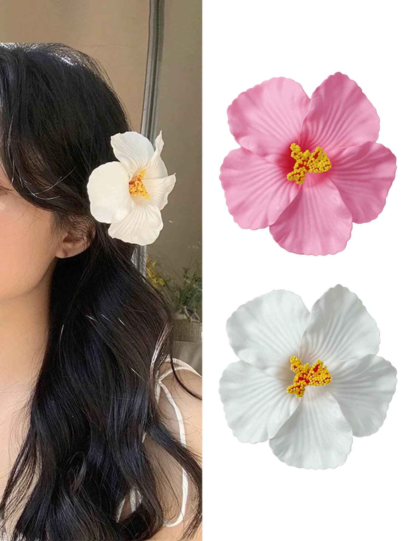 2个夏威夷芙蓉花发夹，适合女性和女孩，大型彩色热带人造花发卡，波西米亚风海滩派对婚礼礼物（粉色和白色）