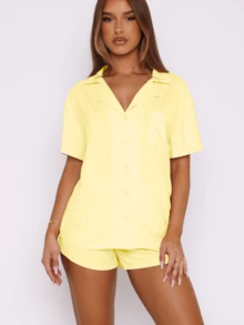 Women's 2 Piece Pajama Set Short Sleeve Button Down Collared Top And Elastic Waist Shorts Loungewear Set Sleepwear - Màu vàng - Xem 2