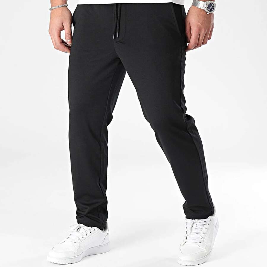 Men's Workout Pants In Woven Fabric With Drawstring, Mid-Length And Stretchy, Ideal For Casual Wear. - 黑色 - 查看 1