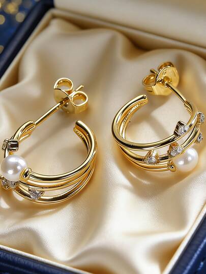Women's Layered Gold-Plated C-Shaped Hoop Earrings, Decorated With Faux Pearl And Round Cubic Zirconia, Minimalist Elegant Style, Suitable For Daily Commute And Workwear, An Ideal Gift For Fashion Enthusiasts