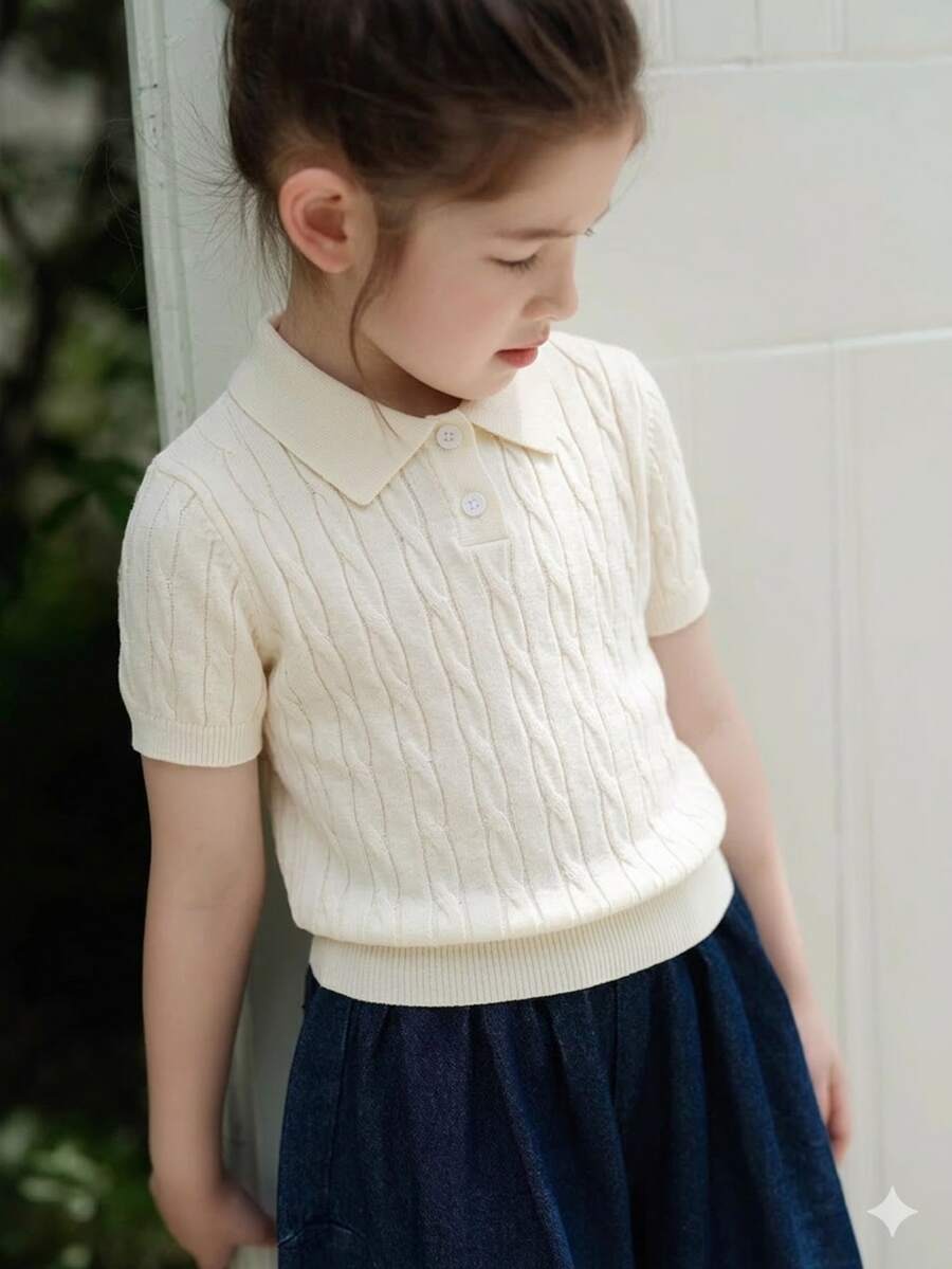 Girls' School Style Solid Color Polo Collar Short Sleeve Cable Knit Sweater, Pullover Cardigan Suitable For School, Spring, Summer, Autumn - Apricot - View 1