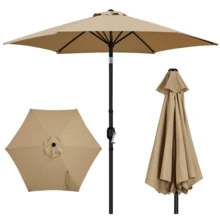 Butterslay 9FT Outdoor Umbrella 6 Ribs Market Umbrella With Push Button Tilt Patio Table Umbrella Garden Weather-Resistant Canopy, Shade 4 To 6 People, Easy Assembly, Grey/Navy Blue/Orange/Red/Royal Blue/Sky Blue/Tan/Turquoise/Yellow/Burgundy/Black/Brown/Cream/Dark Green/Grass Green - Tan - 查看 9