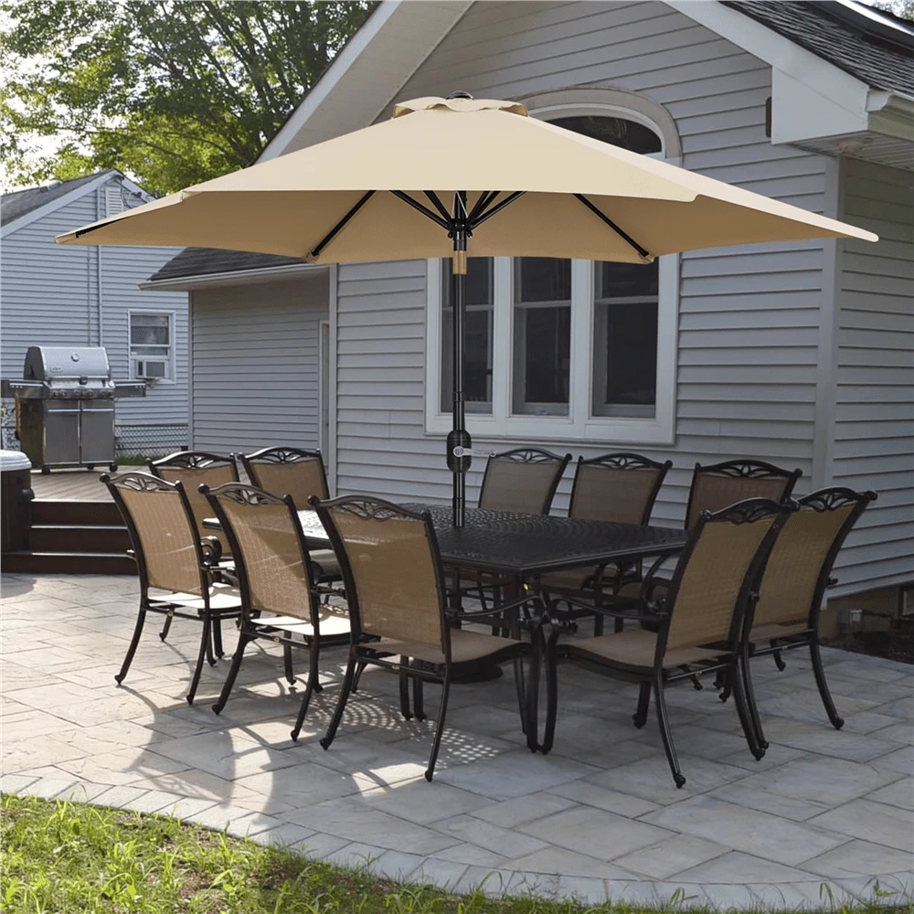 Butterslay 9FT Outdoor Umbrella 6 Ribs Market Umbrella With Push Button Tilt Patio Table Umbrella Garden Weather-Resistant Canopy, Shade 4 To 6 People, Easy Assembly, Grey/Navy Blue/Orange/Red/Royal Blue/Sky Blue/Tan/Turquoise/Yellow/Burgundy/Black/Brown/Cream/Dark Green/Grass Green - Tan - 查看 1