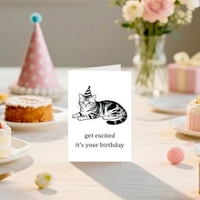 一张可爱又有趣的猫咪生日贺卡，送给爱猫人士。兴奋起来吧！今天是你的生日！贺卡尺寸为 4.92 英寸 x 6.93 英寸。这是一份创意十足的生日礼物，适合送给朋友、丈夫、男友、妻子、女友、家人、兄弟姐妹、父母、伴侣、同事、同学、爱人等。适用于各种场合。 - 查看 5