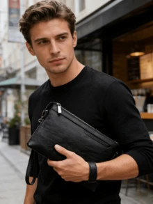 2026 New Solid Black PU Clutch Bag, Fashion Minimalist Business Men's Handbag Wristlet, Men's Phone Pouch, Square Wallet, Lightweight And Portable To Carry Phone, Cash, Cards, Suitable For Work Commute, Business Trip, Office Meetings, Essential For Businessman, Men's Accessory, Gift For Husband, Father, Holiday Gift - A - View 3