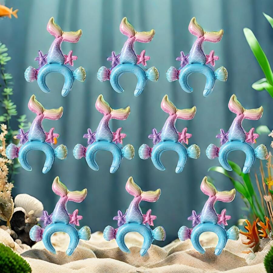 10pcs/Set Mermaid Themed Headbands & Balloons Set, Suitable For Birthday Party, Holiday Decoration, Theme Event Decor - Multicolor - View 1
