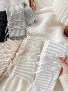 1 Pair Versatile Bowknot Ruffle Leg Warmers, Available In White/Black/Beige/Gray/Khaki, Sweet & Versatile For All Seasons - Multicolor - View 4