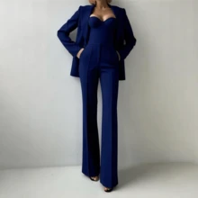 Fashion Commuter Suit Suit Bra Pants Jacket Three-Piece Set - 藏青色 - 查看 3