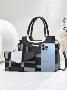 2pcs Plaid Print Retro Tote Bag, Multifunctional Large Capacity Crossbody Bag, Fashion Design, New Stylish Women Small Square Bag Handbag Shoulder Bag Versatile Casual Large Capacity Shoulder Crossbody Bag Suitable For Travel Shopping, New Elegant Women Tote Shoulder Crossbody Bag Versatile Casual Luxury Large Capacity Shoulder Crossbody Bag, Fashion Gift For Valentine's Day - Multicolor - View 5