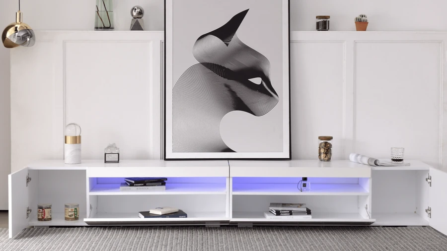 Modern White TV Cabinet, Clear Panel, Variable LED Lighting, Living Room And Dining Room 240 Cm (Glossy Panel, Not Highly Glossy) - White - View 1