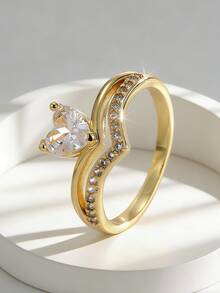 Charm-In Heart Cut CZ Split Shank 18K Gold Plated Copper Ring V-Shaped Paved CZ Heart Ring For Women - Gold - View 4