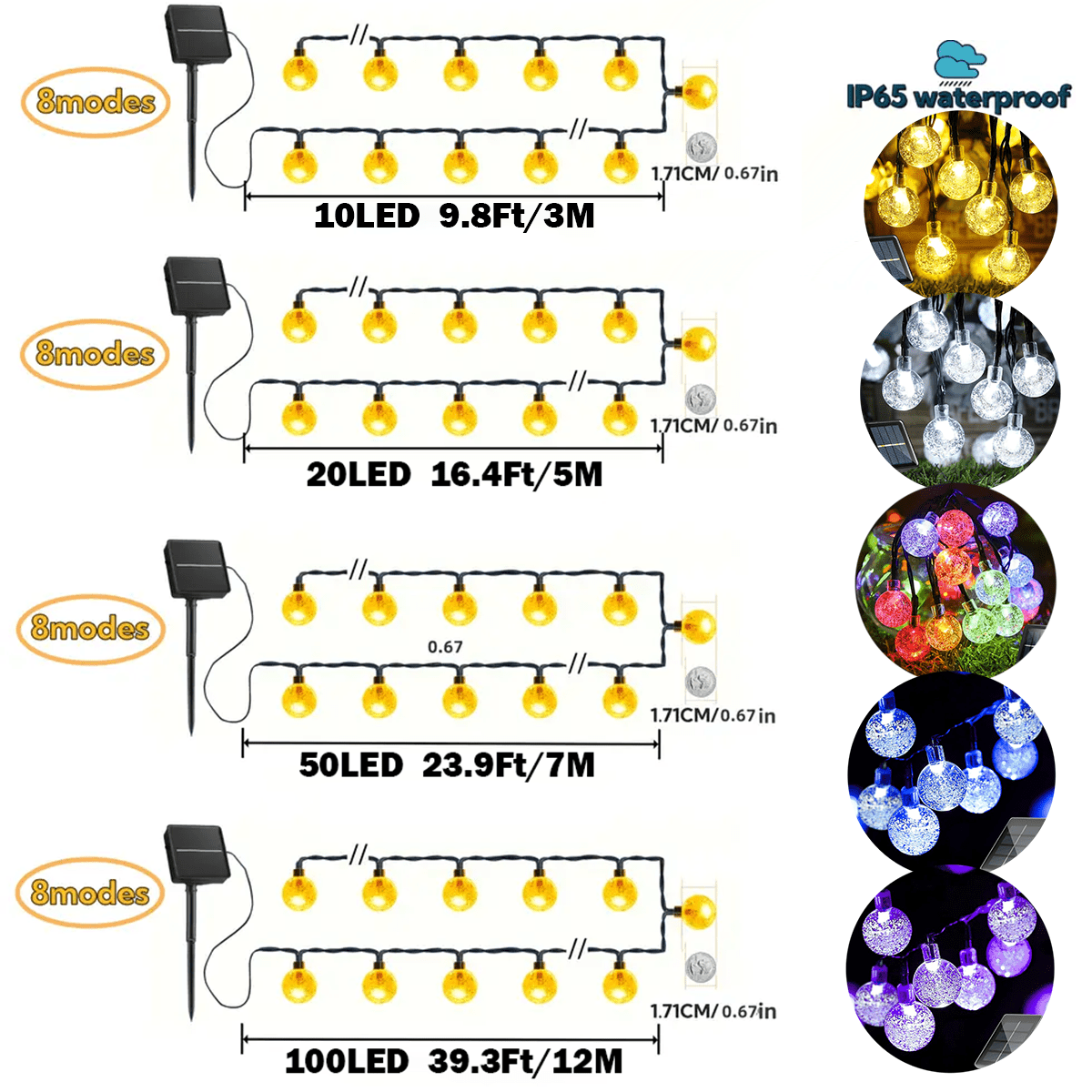 10/20/50/100颗LED太阳能水晶球串灯，长度分别为9.8/16.4/22.9/39.3英尺，防水，8种灯光模式，暖白/白/紫/蓝/彩色，适用于花园、庭院、阳台、婚礼、派对、圣诞节、万圣节、露营、节日装饰等场合。 - 太陽能水晶球燈串 - 查看 4