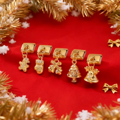 1 chiếc vòng tay mô-đun màu vàng chủ đề Giáng sinh, gồm các họa tiết bông tuyết, ông già Noel, cây thông Noel, v.v., phụ kiện trang sức tự làm cho mùa lễ hội.
