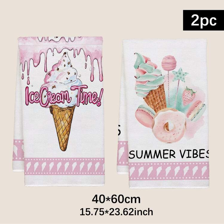 2条夏季冰淇淋图案厨房毛巾，柔软涤纶材质，适用于厨房装饰、清洁、节日派对装饰、厨房和浴室用品、家居装饰、乔迁礼物 - 彩色 - 查看 3