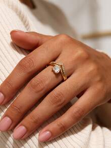 Charm-In Heart Cut CZ Split Shank 18K Gold Plated Copper Ring V-Shaped Paved CZ Heart Ring For Women - Gold - View 2