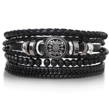 4件套男士时尚手工编织手链套装，多层腕带，送给男友的礼物 - 黑色 - 查看 2