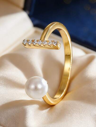 Women's Gold-Plated Open C-Shape Ring, Decorated With Faux Pearl And Pave Zirconia Stones, Minimalist Elegant Style, Suitable For Daily Commute And Work Outfits, An Ideal Gift For Fashion Enthusiasts