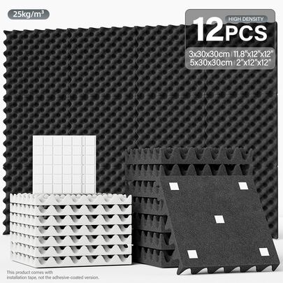 JIPO SPORT 12pcs Soundproof Foam Panels - 12x12x1.18/2 Inch Acoustic Egg Crate Foam, For Wall Sound Insulation, Echo Control, Podcast Recording Sound Proofing Material - Polyester Acoustic Treatment Foam | With Double-Sided Adhesive