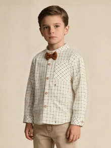 Balabala 2025年秋季男童长袖衬衫 - 时尚休闲纽扣衬衫 - 白咖色調 - 查看 2
