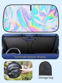 Laser Holographic Car Sun Shade - UV Protection And Heat Insulation Windshield Sunshade With Memory Steel Frame, Full Coverage D-Shape Design, Fade-Resistant Interior Protection, Easy Folding Storage Bag, Laser Titanium Silver Printed Sun Shade, Summer Car Sun Shade - Sunshade - View 11