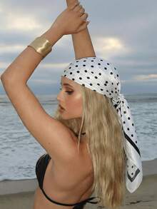 1条波西米亚风波点印花缎面围巾，优雅头巾披肩，适合日常休闲佩戴，防晒 - 白色 - 查看 3