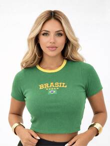 Brazilian Women's Cropped Top With Embroidery, Round Neck, Medium-Stretch Polyester Fabric, Short Sleeves, Casual Summer Style With Contrasting Collar, Ideal For Everyday Wear. - 綠色 - 查看 8