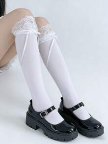 1 Pair Pink/Blue/White Lolita Style Sweet Lace Ruffle Bow Socks, Spring/Summer - Multicolor - View 11