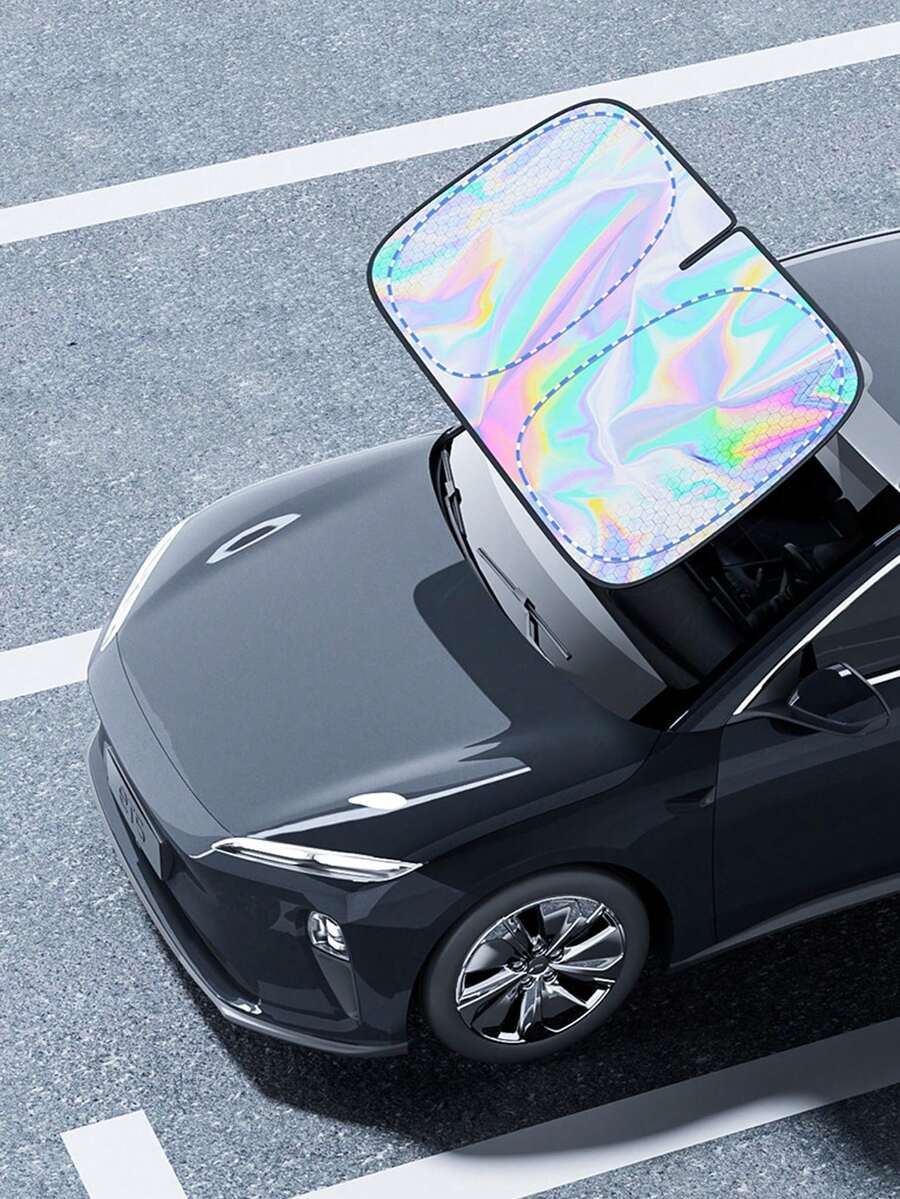 Laser Holographic Car Sun Shade - UV Protection And Heat Insulation Windshield Sunshade With Memory Steel Frame, Full Coverage D-Shape Design, Fade-Resistant Interior Protection, Easy Folding Storage Bag, Laser Titanium Silver Printed Sun Shade, Summer Car Sun Shade