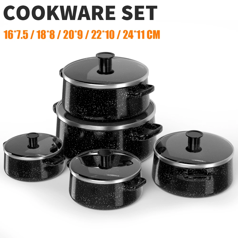 5PCS Induction Non Stick Enamelware Cookware Cooking Pots Pan With Lids Set, Black - View 1