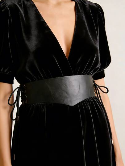 1PC Lace-Up Corset Wide Waist Belt - Faux Leather For Women's Boho Dress Waist Cincher