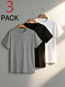 GRDR 3pcs/Set Kaos Pria Polos Kasual Gaya Jalanan Sporty Leher Bulat Lengan Pendek, Minimalis Serbaguna, Cocok untuk Dipadukan dengan Pakaian Lain - MultiWarna - View 2