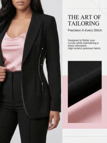 CALEBGAR [Business Suit Set For Women]Deep V Neck Blazer & Pants, Fall Winter Office Wear Professional Outfits For Work - 黑色 - 查看 2