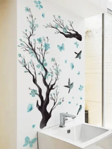 1 pieza Adhesivo de pared con rama de árbol y pájaro con flores azules, decoración autoadhesiva para sala de estar y dormitorio - pétalos azules - Ver 7