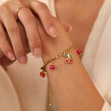 1pc Cute Cherry Pendant Bracelet, Minimalist Gold Chain Red Bead Jewelry - Multicolor - View 3