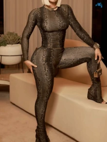 夏季动物印花两件套女装长袖上衣女式打底裤女式夜店装 - 黑色 - 查看 3