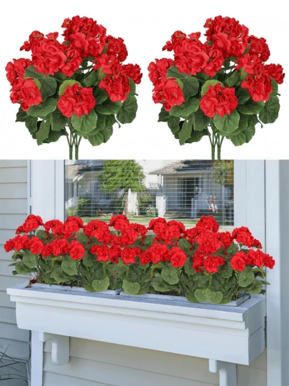 Nejlue Artificial Flowers/Plants1111 Home & Living 1/4 chậu cây phong lữ nhân tạo - Hoa rực rỡ với lá xanh như thật, hoa phong lữ bằng lụa chống tia UV, cây nhân tạo thích hợp để trang trí ngoài trời cho cửa trước, hiên nhà, ban công, sân vườn, trang trí nhà cửa trong nhà.