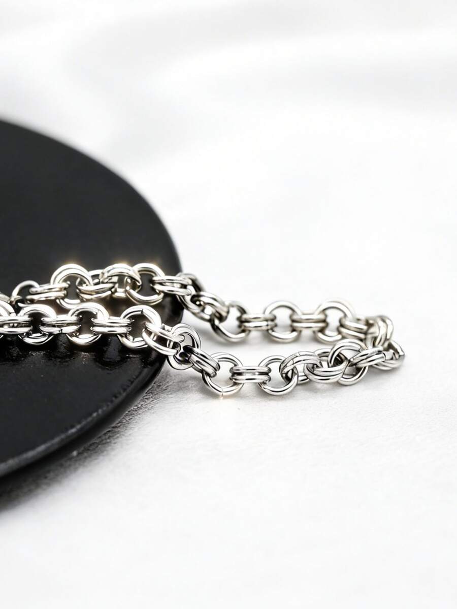 1件简约时尚不锈钢双环链式手链，男士及情侣休闲佩戴 - 銀色 - 查看 1
