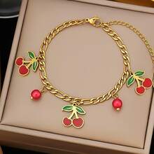 1pc Cute Cherry Pendant Bracelet, Minimalist Gold Chain Red Bead Jewelry - Multicolor - View 4