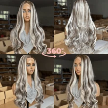 棕白渐变波浪卷发合成假发，13x4高清透明蕾丝前假发，180%密度，适合各种场合，造型百变，圣诞派对、情人节、母亲节、婚礼季、音乐节等皆可佩戴 - 彩色 - 查看 6