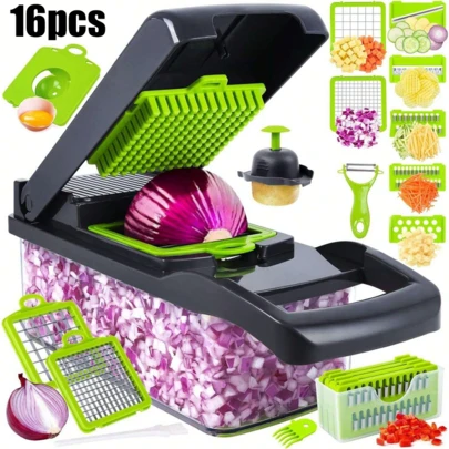 Picador de verduras 16 en 1, rebanador y cortador de alimentos con 8 cuchillas ultra afiladas, cortador de cebolla y verduras, herramienta de cocina profesional con recipiente de recolección