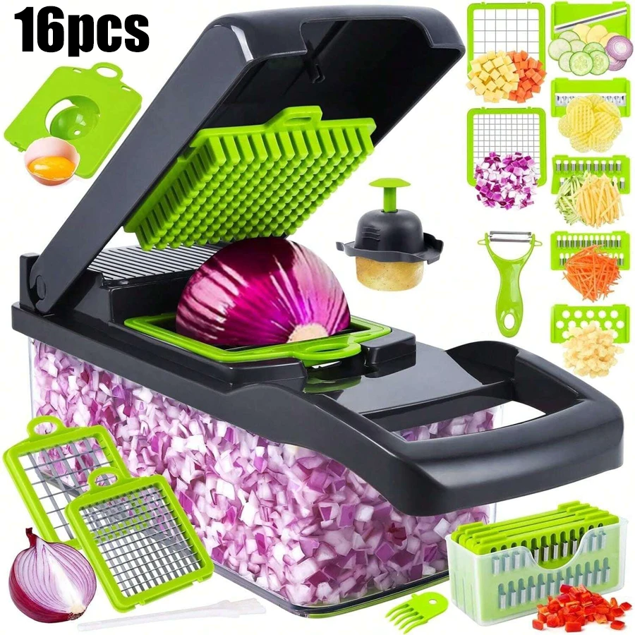 Multi-Function Vegetable Chopper, 16-In-1 Food Slicer Dicer With 8 Ultra-Sharp Blades, Onion And Vegetable Cutter, Professional Kitchen Tool With Collection Container - Multicolor - View 1