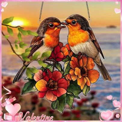 1个2D亚克力阳光捕捉器（9英寸 x 9英寸），两只红雀和花朵图案，可悬挂于窗户，四季皆宜，适用于窗户、墙壁、房间、卧室、家居、花园，是送给妻子、丈夫、情侣、妈妈、女士的理想礼物。