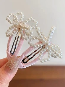 2pcs Cute Faux Pearl Bow Hair Clips, Hollow Beaded Hair Pins For Bangs - Multicolor - View 6