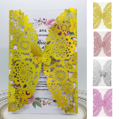 10pcs Glittery Butterfly Invitation Cards, Wedding Invitations Greeting Cards For Wedding Birthday Party Invite Decoration Supplies Favors