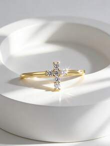 Charm-In 18K Gold Plated Copper Cubic Zirconia Cross Ring, Delicate Faith Ring For Women, Suitable For Baptism And Daily Wear - Gold - View 1